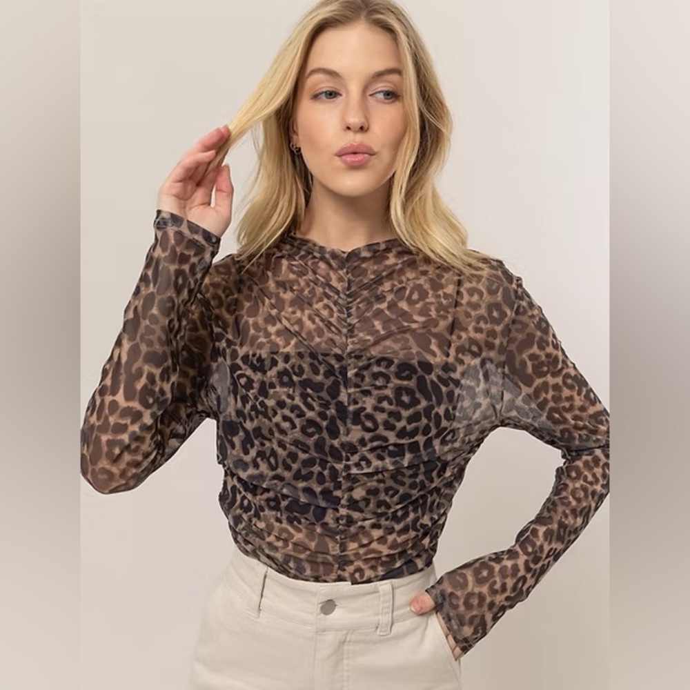 Mesh Sheer Leopard Long Sleeve Top